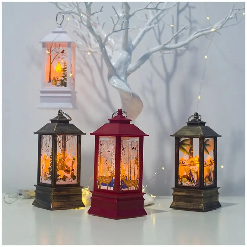 

Christmas Vintage Santa Snowman LED Painted Lamp Wind Light Portable Hanging Lantern Home Garden Decor Pendants Party Supplies