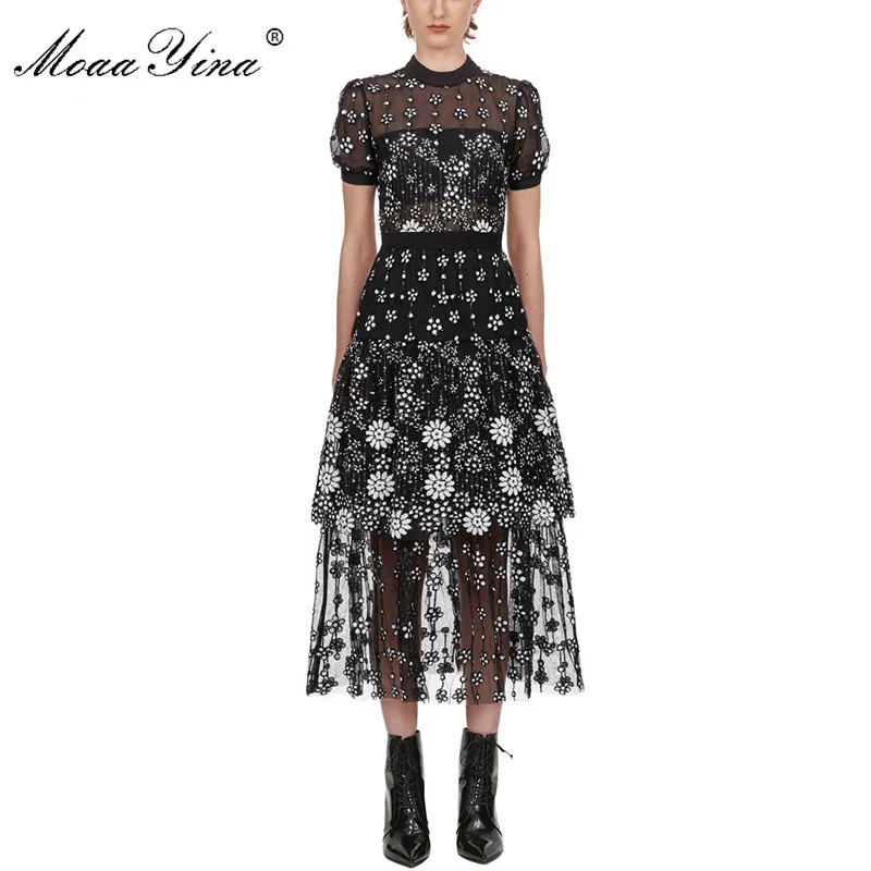 MoaaYina Korte mouwen Vrouwelijke Zwarte bloem Deco Sequin Crew Neck Midi Jurk