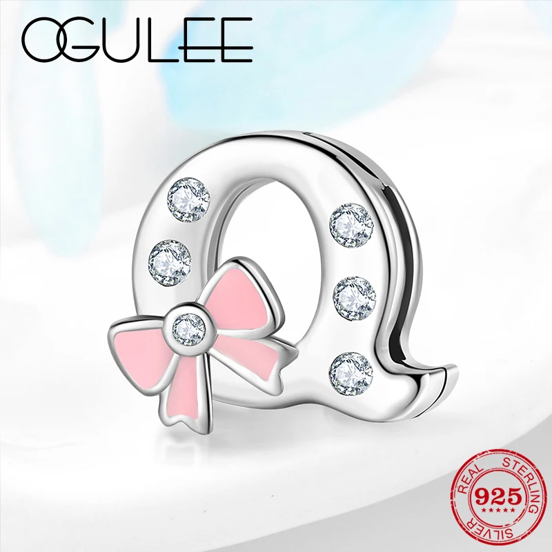 

925 Sterling Silver Pink Enamel Clear CZ Letter Q Clips Beads fit Original Reflection Bracelet European Charm Silver 925 Jewelry