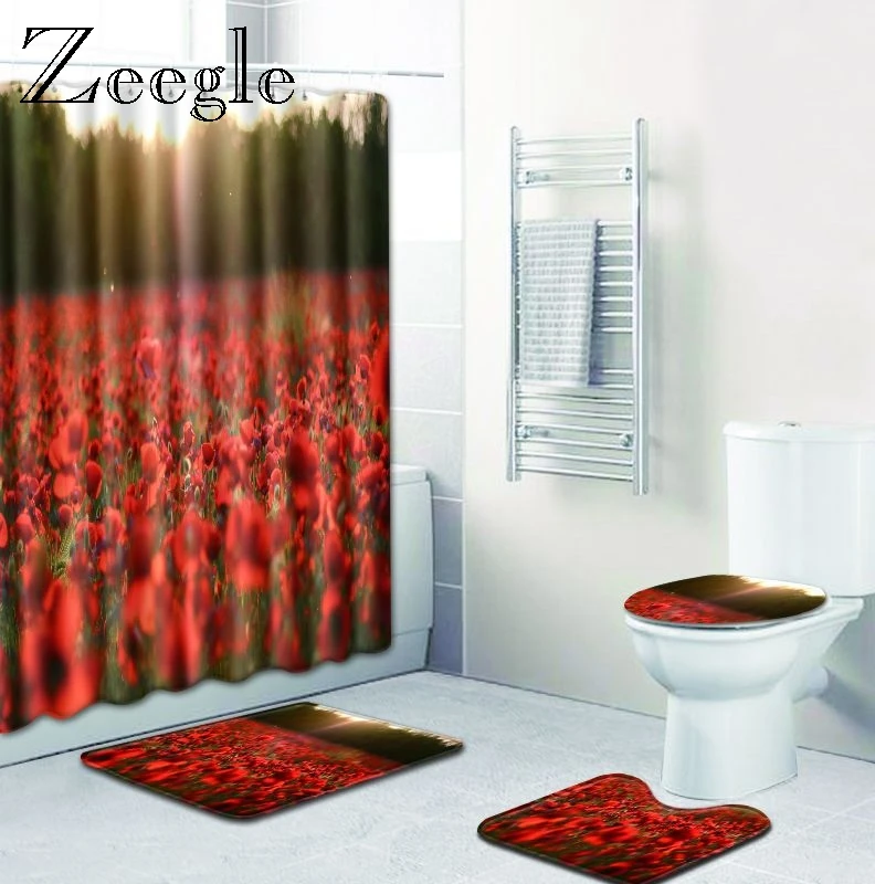 Zeegle 4pcs Bathroom Shower Curtain Non-Slip Bathroom Soft Rug Set Toilet Cover Mat Printed Flower Waterproof Bath Curtain Set