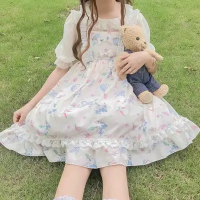 Милое японское платье в стиле Лолиты; мягкое платье для сестры; милое платье в стиле Лолиты с принтом кролика; платье на бретельках для девочек - Цвет: Apricot Sleeveless