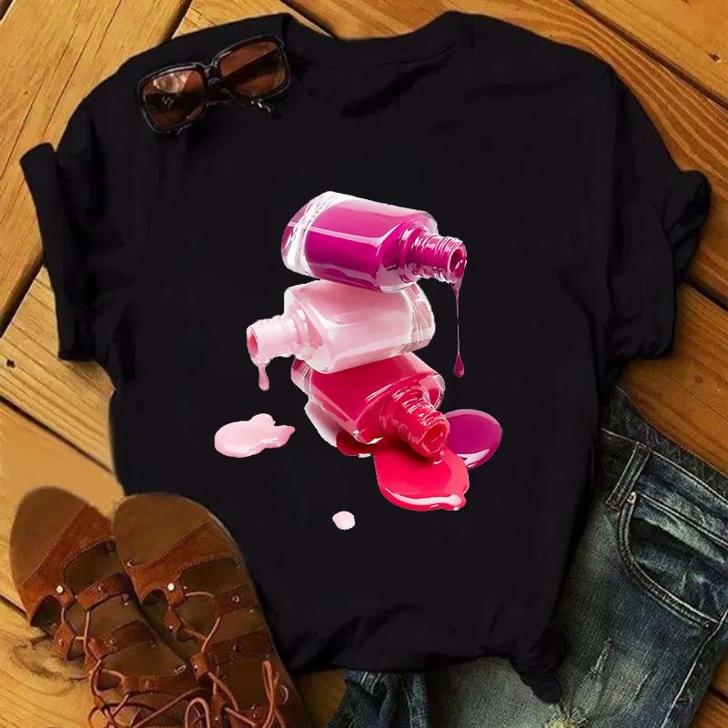 Camisetas coloridas De esmalte De uñas para Mujer, ropa Simple De moda, Camisetas gráficas, Camisetas De Anime, Camisetas familiares para Mujer