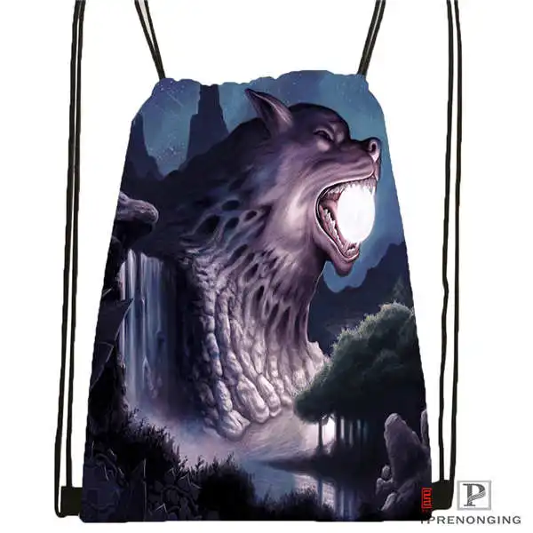 Drawstring Backpack Custom wolf_moon_by_kyghost@ 03-походная сумка на шнурке милый рюкзак для детей(черная спинка) 31x40 см#180611-03-107 - Цвет: Drawstring Backpack
