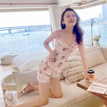 

Pajamas spring and summer 2020 ice silk pajamas women's printed ins suspender shorts two-piece suit for holiday wear