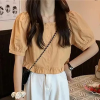 Korean Summer Ruffle Elegant Chiffon Cool Blouse Women Youthful Cute Cropped Tops Chic Short sleeve Feminine Shirt 3
