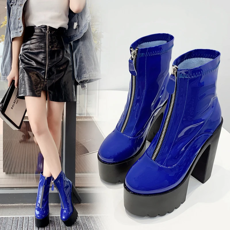Patent leather Women Motorcycle Boots 14cm Ultra high heels Platform Wedges Zip Ankle boots Autumn Winter Martin boots Shoe