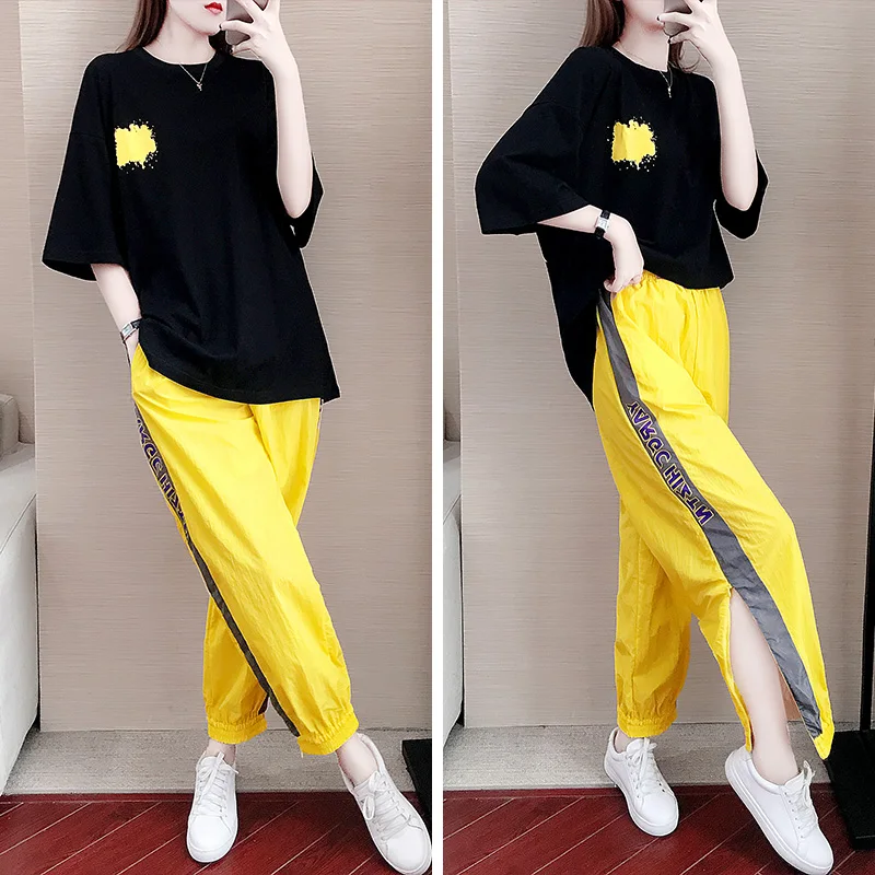 

two piece tracksuit for women yellow outfit Casual suit female summer 2020 new short sleeve loose pants two sets of summer run