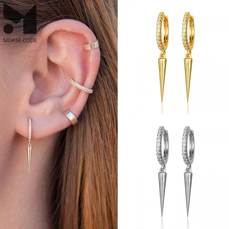 MC 925 esterlina pincho plateado pendientes de aro zirconias cúbicas aro aros con colgante aro con encantos encanto pendientes de la flecha de la gota