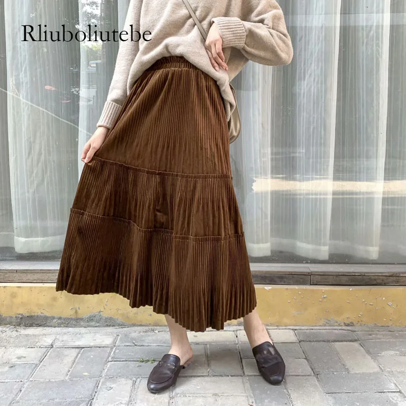 Бархатная плиссированная юбка женская зимняя Весенняя черная длинная юбка Уличная Повседневная юбка с высокой талией Женская бархатная юбка