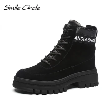 

Smile Circle Ankle Boots Women Winter Keep warm Platform shoes Lace-up 2019 Fashion shoes Round toe Ladies Boots