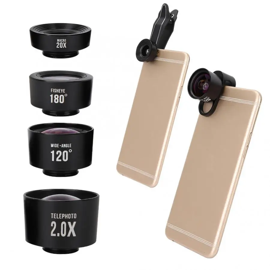 

4-in-1 Portable Fish Eye+Wide Angle+20X Macro+ 2X Teleconverter Lens with Clip for Mobile Phone for Concert Wildelife Shooting