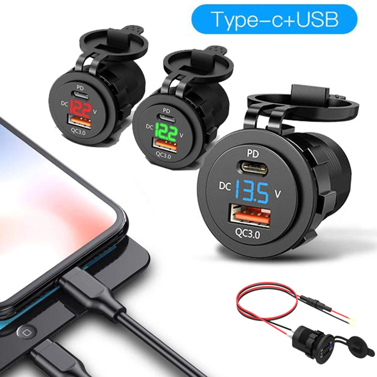 SOONHUA USB Зарядное устройство быстрой зарядки 3,0 Зарядные устройства для автомобиля розетка адаптер с кабелем и светодиодный вольтметр Для детей возрастом от 12/24V Автомобиль Мотоцикл
