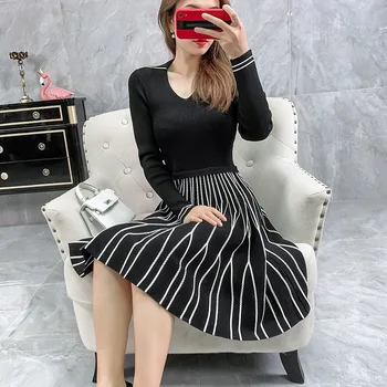 

2019 Autumn Winter Fashion Sweater Dress High Quality Women Turn-down Collar Striped Patterns Long Sleeve Knitted Dress Pullover
