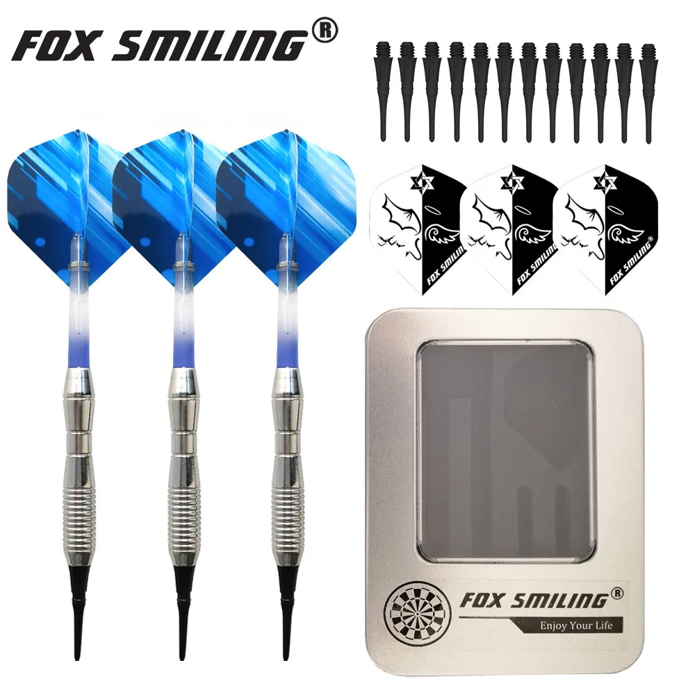Smiling Fox 18 г профессиональные электронные дартс с мягким наконечником 3 шт. с алюминиевым легированным валом 6 цветов 12 наконечников и 3 шт. железная коробка