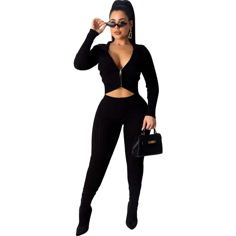 HAOYUAN Sexy Knitted Two Piece Set Tracksuit Women Fall Winter Clothing Crop Top and Pants Matching Suit 2 Piece Club Outfits