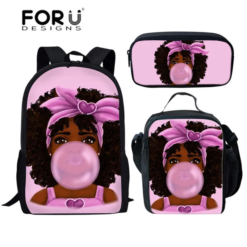 

FORUDESIGNS Kids School Bags Set Black Girl Magic Afro Lady Pattern Pink School Backpacks for Children Daily Shoulder Softback