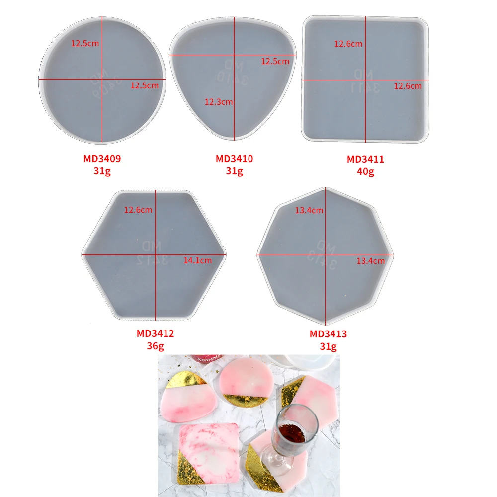 5pcs Coaster Molds with Coaster Storage Box Mold Kit Silicone Coaster Molds  for Resin Epoxy Casting Square Round Cup pad Mould