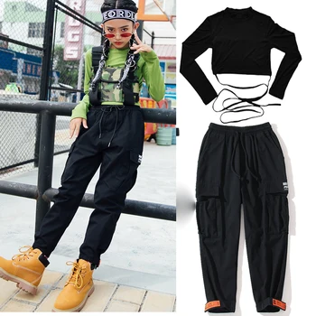 

Kids Jazz Dance Costume Hip Hop Clothing Green Shirt Black SweatPants For Girls Ballroom Dancing Clothes Stage Outfits DQS3187