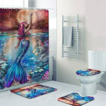 

Sexy Colorful Mermaid Moon Shower Curtain Set 4PCS Mermaid Art Fish Tail Waterproof Bathroom Curtain Toilet Mat Rug Carpet Decor