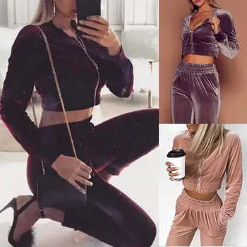 

2Pcs Velvet Solid Color Sport Tracksuit Crop Top Zip Sweatshirt Long Pants Set
