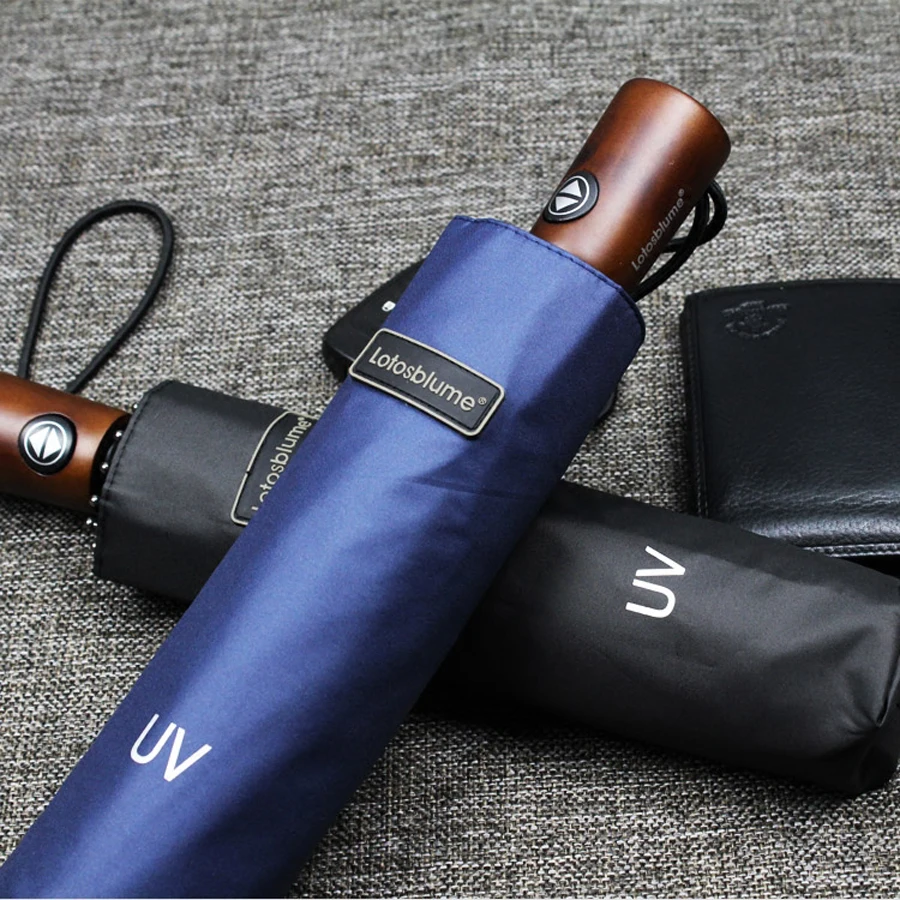 Luxury Wood Handle Male Man Business Windproof Umbrella Automatic 3 Folding UV Protection Anti Sun Umbrella Rain Women Black