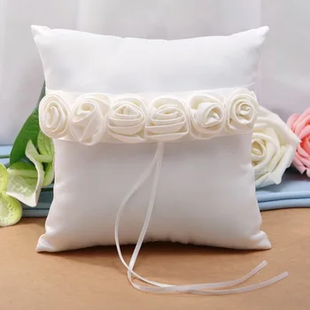 

20cm x 20cm White Color Ring Pillow with Ivory Color Rose Flowers and Ribbons