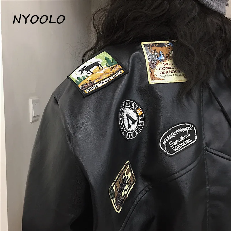 NYOOLO Autumn Winter street pockets motorcycle jacket Casual loose Covered Button PU leather Bomber jackets women men outerwear