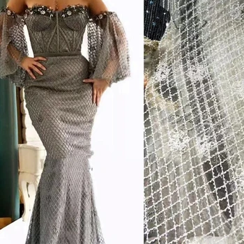 

2020 New style Checker white red black mesh beads embroidery tulle Bridal Party evening french LACE FABRIC MATERIAL