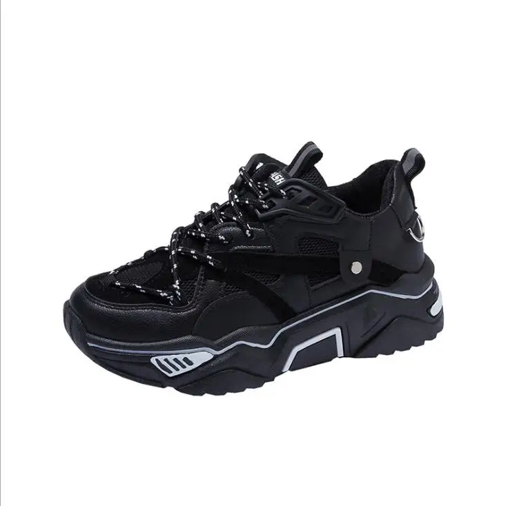SHUJIN Men Women Autumn Thick Bottom Sneakers Solid Color Round Toe Breathable Mesh Casual Men Shoes New Female Sport Footwear - Цвет: women black