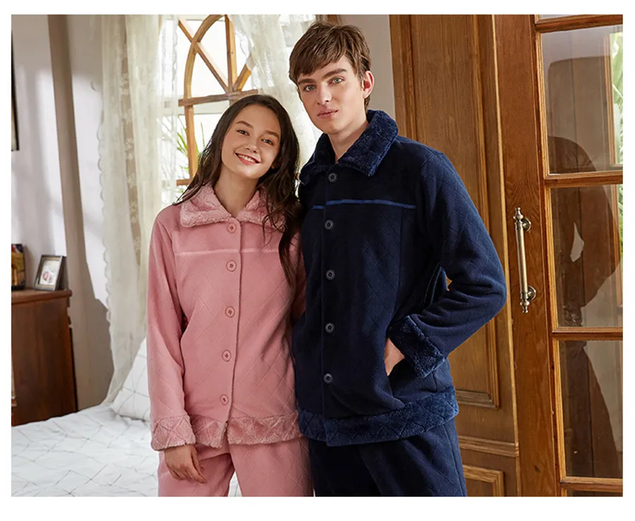 Thicken Flannel Winter Couples Pajamas Set For Women Men Plush Fabric Sleepwear Pyjamas Suit man Casual Home Clothing male
