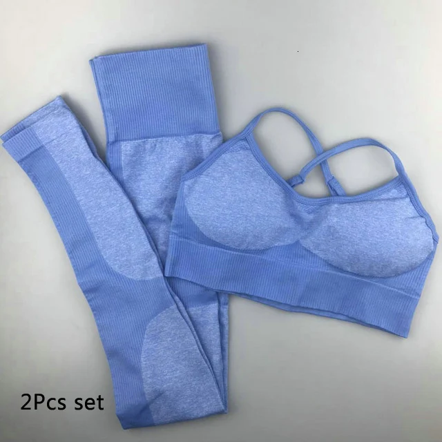 Blue set Бесшовный Женский комплект для йоги, для спортзала, леггинсы с высокой талией+ спортивный бюстгальтер на бретельках, спортивный костюм для тренировок, Женский комплект для фитнеса, одежда для бега и активного отдыха - Цвет: Blue set