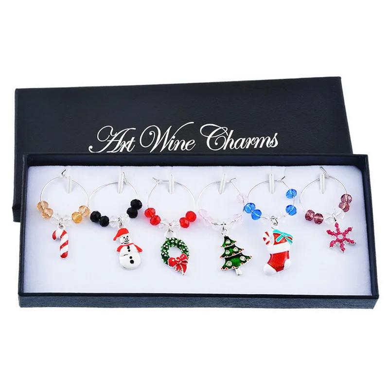 

6PCs/Box Wine Marker Crystal Christmas Pendant Wine Charms Christmas Dinner Table Decoration New Year Navidad