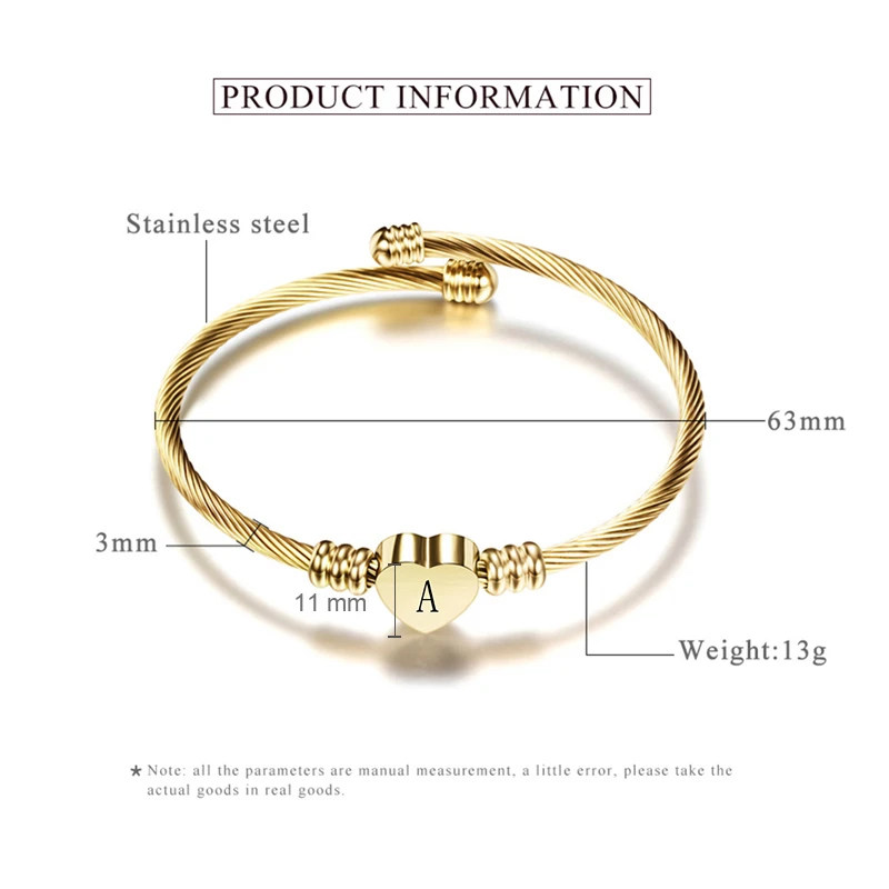 Adjustable Gold Silver Stainless Steel Heart Bracelet Bangle With Letter Fashion Initial Alphabet Charms Bracelets For Women A30 - Окраска металла: gold