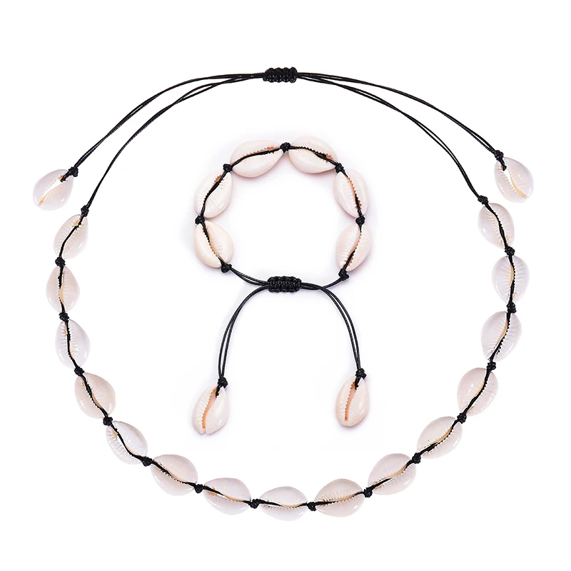 Натуральный корпус ожерелье и браслет набор для женщин ракушка регулируемое ожерелье-чокер Гавайский пляж Каури ожерелье из ракушек набор