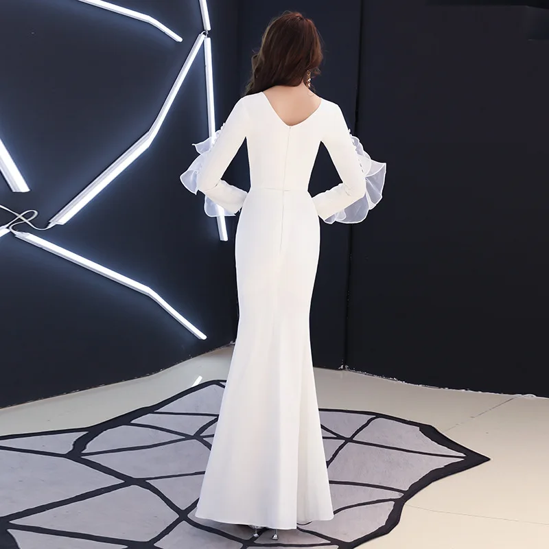 Белое Женское длинное узкое платье русалка вечерние платья Cheongsam с круглым