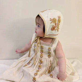 

Baby Girl Hand Embroidery Cotton Line Dresses Children Boutique Clothes Summer Infant Vintage 1 year birthday Dress Christening