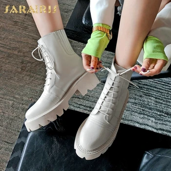 

Sarairis 2020 Hot Sale Big Size 42 Platform Ankle Boots Women Shoes Genuine Cow Leather Shoelace Office non-slip Boots Ladies