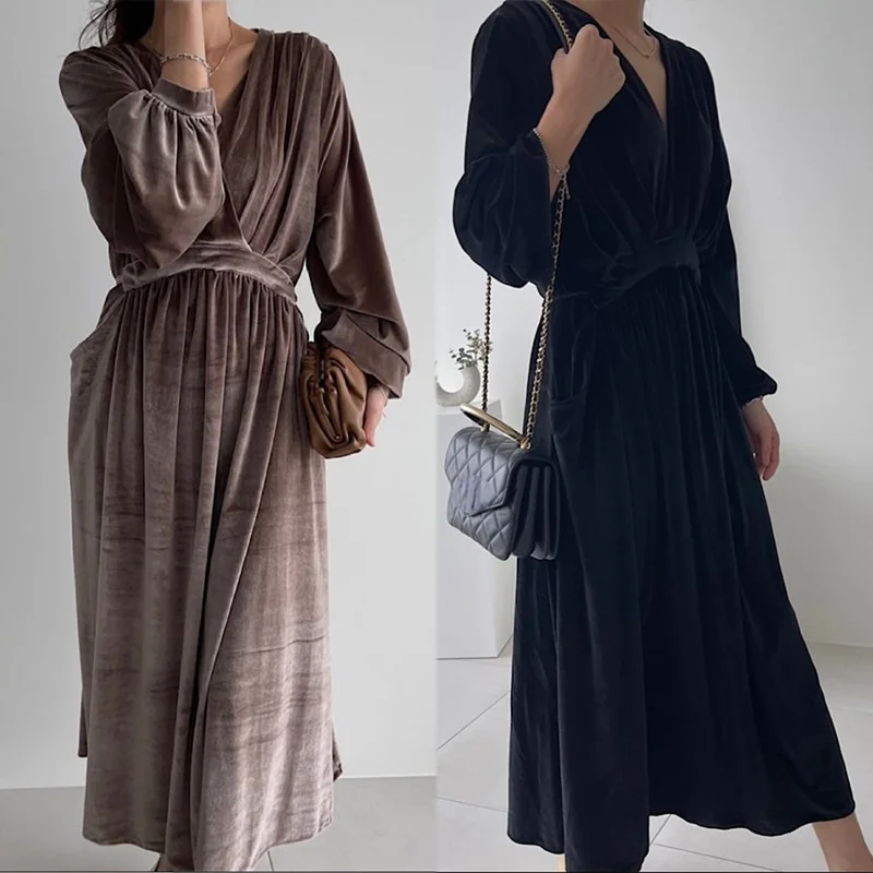 Женское бархатное платье с карманами элегантное черное V-образным вырезом и