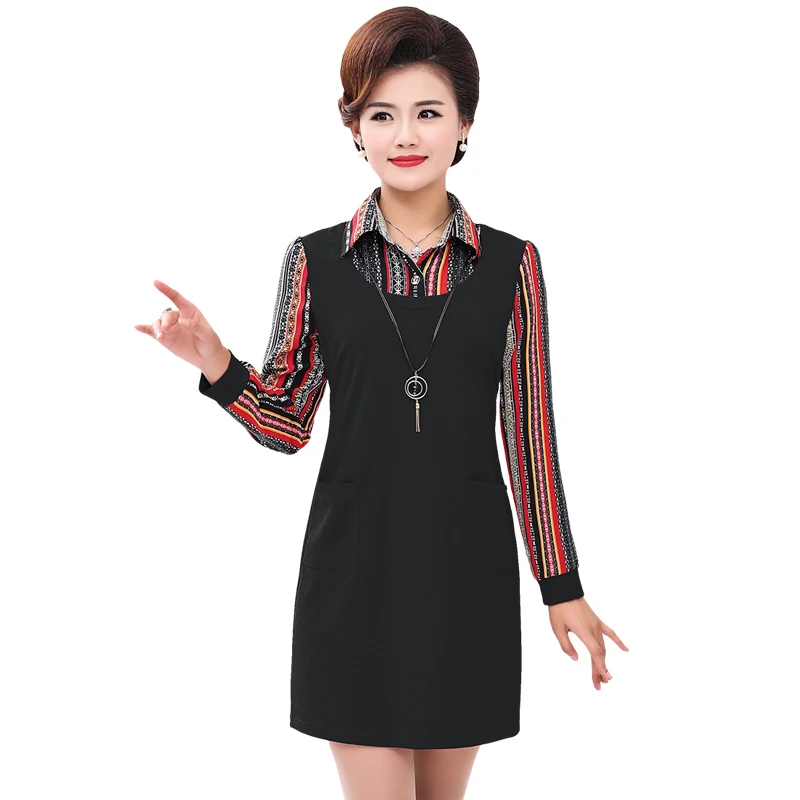 

Women Shirt Dresses Vertical Stripe Long Sleeve Turn Down Collar Red Caramel Black Patchwork Fake 2PCS Shirtdress Shift Dress