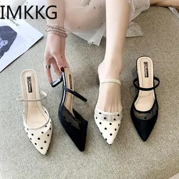 

2020 Sexy Mules Slippers Knitted Sandals Summer Slip On Slides Pointed Toe Lace Mesh fashion Women black polka dot Shoes