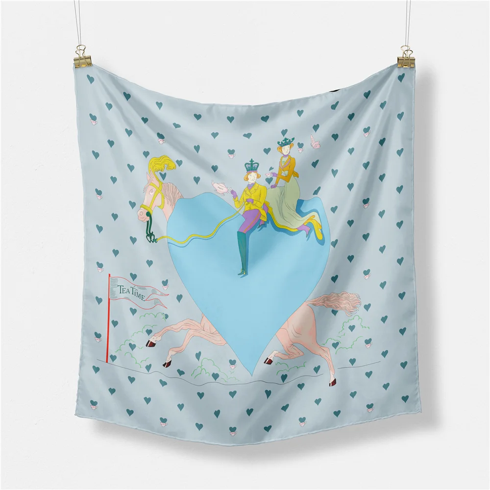 Twill Silk Scarf Woman Lover Heart Painting Square Scarves Wraps Bandana Small Hijab Silk Foulards Tie Headband Neckerchief 53CM 6