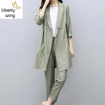 

Women Casual Cotton Linen Blazer Two Piece Set Elegant Ladies Office Work Conjunto Feminino Elastic Waist Pants Long Jacket Suit