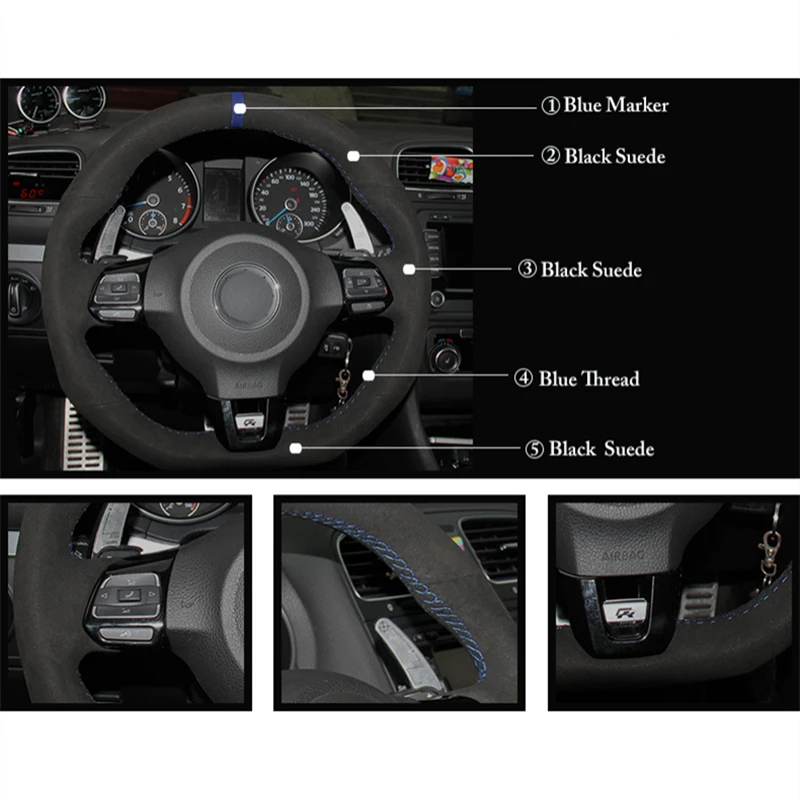 Черная замша чехол рулевого колеса автомобиля для Volkswagen Golf 6 GTI MK6 VW Polo GTI Scirocco R Passat CC R-Line 2010