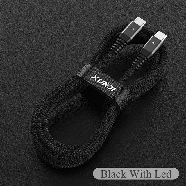 60W Type C To USB Type C Cable PD Fast Charging Data Wire For Samsung S20 Xiaomi QC4.0 Macbook Pro Black With Led