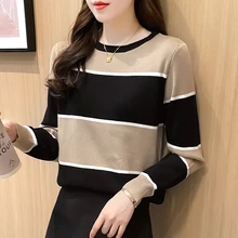 

2020 Autumn Winter Women Pullovers Sweater Knitted Korean Striped Casual Jumper Fashion Loose Round Neck Warm Female Sweaters