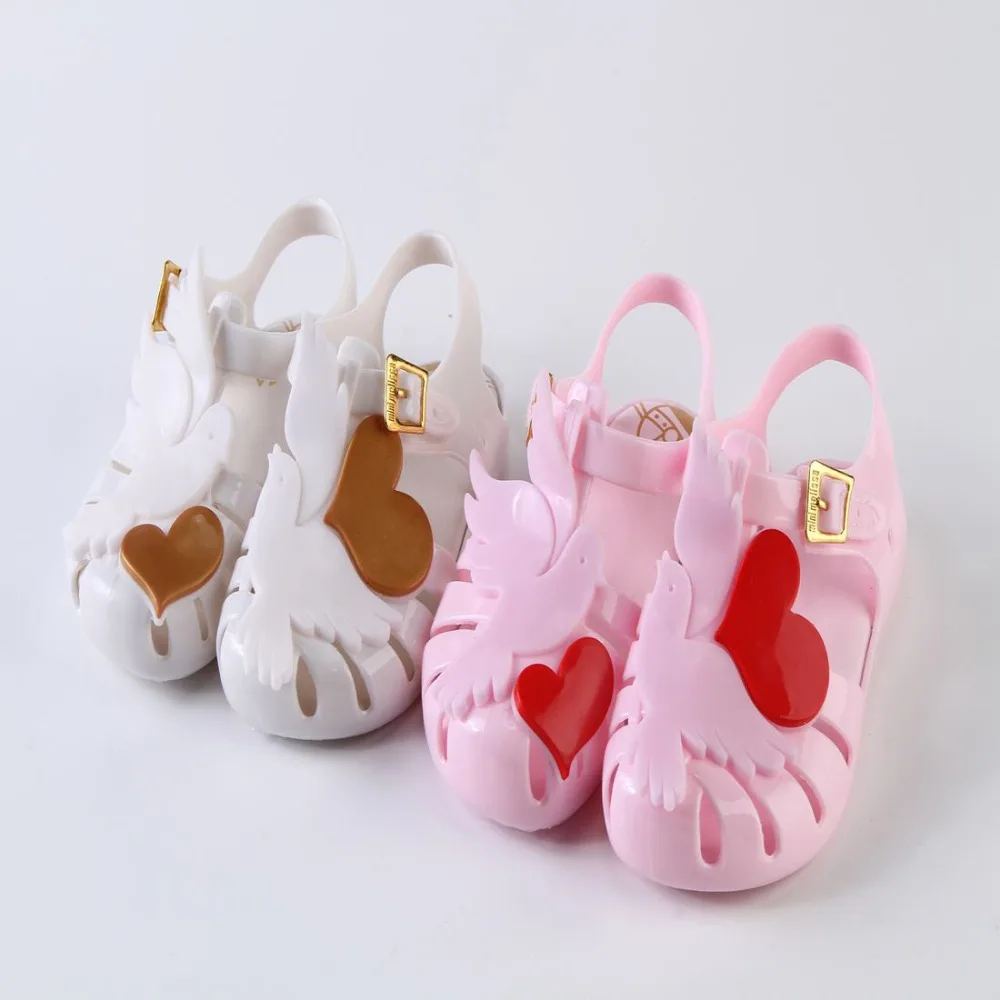 Ins/детская обувь для девочек; мини Melissa Roma Sandal; принт с птицей мира и сердцем; Весенняя прозрачная обувь; обувь на День Святого Валентина; MN007