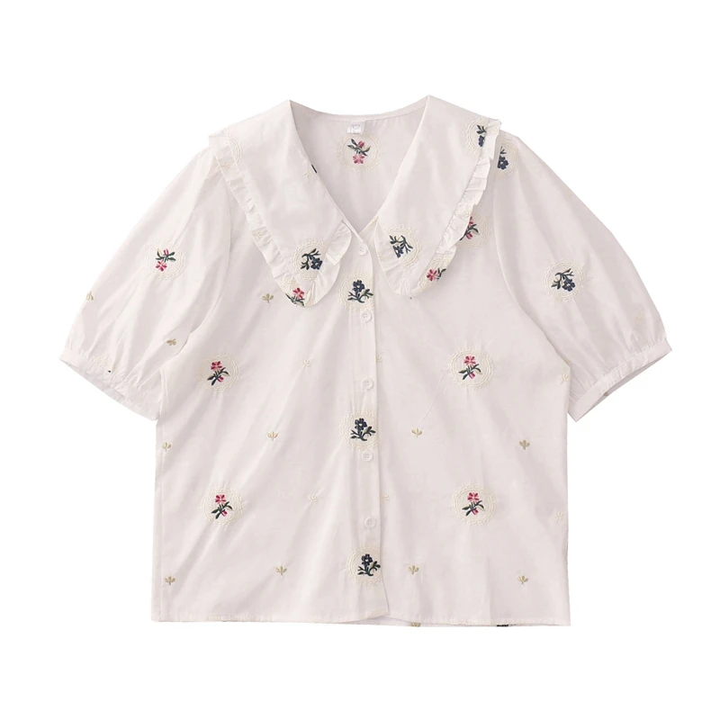 Summer French Fashion Blouse Women 2021 Vintage Elegant Floral Button Up Cotton White Shirts Doll Collar Casual Short Sleeve Top