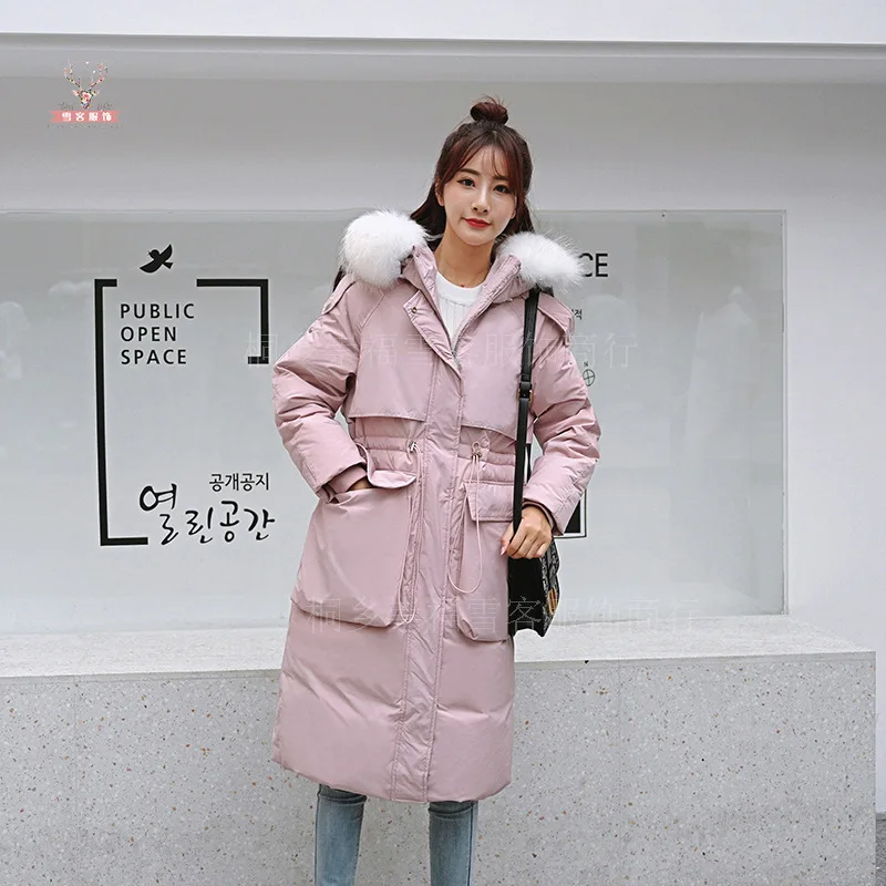 Новинка, зимнее женское длинное пальто с большим меховым воротником, женское плотное теплое белое пуховое пальто с капюшоном, парка - Цвет: Pink