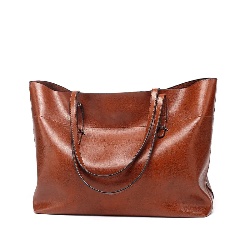 

2019 Foreign Trade New Style Oil Leather Bag Supply of Goods Manufacturers WOMEN'S Bag Tote Bag Fashion Shoulder Large Bag Brown