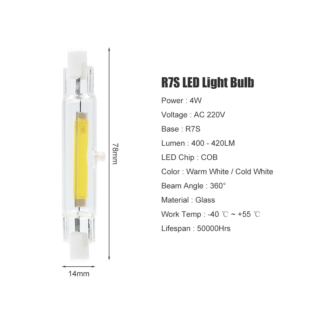 Bombillas стекло R7S COB светодиодный светильник 4 Вт 78 мм 8 Вт 118 м ламповая трубка замена 15 Вт 20 Вт 30 Вт 50 Вт галогенная лампа 220 в 230 В прожектор Lamparas - Испускаемый цвет: 4W 78mm